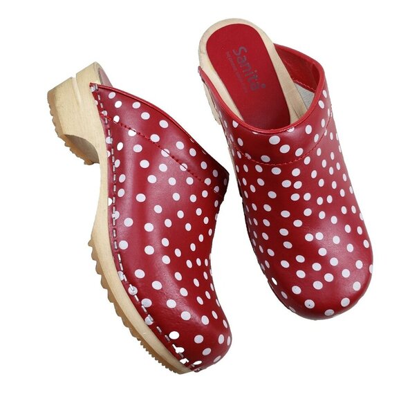 Sanita Shoes - Sanita Fenja Polka Dot Clog Womens US 7 EU 38 Red Leather Slip On Wooden Shoe